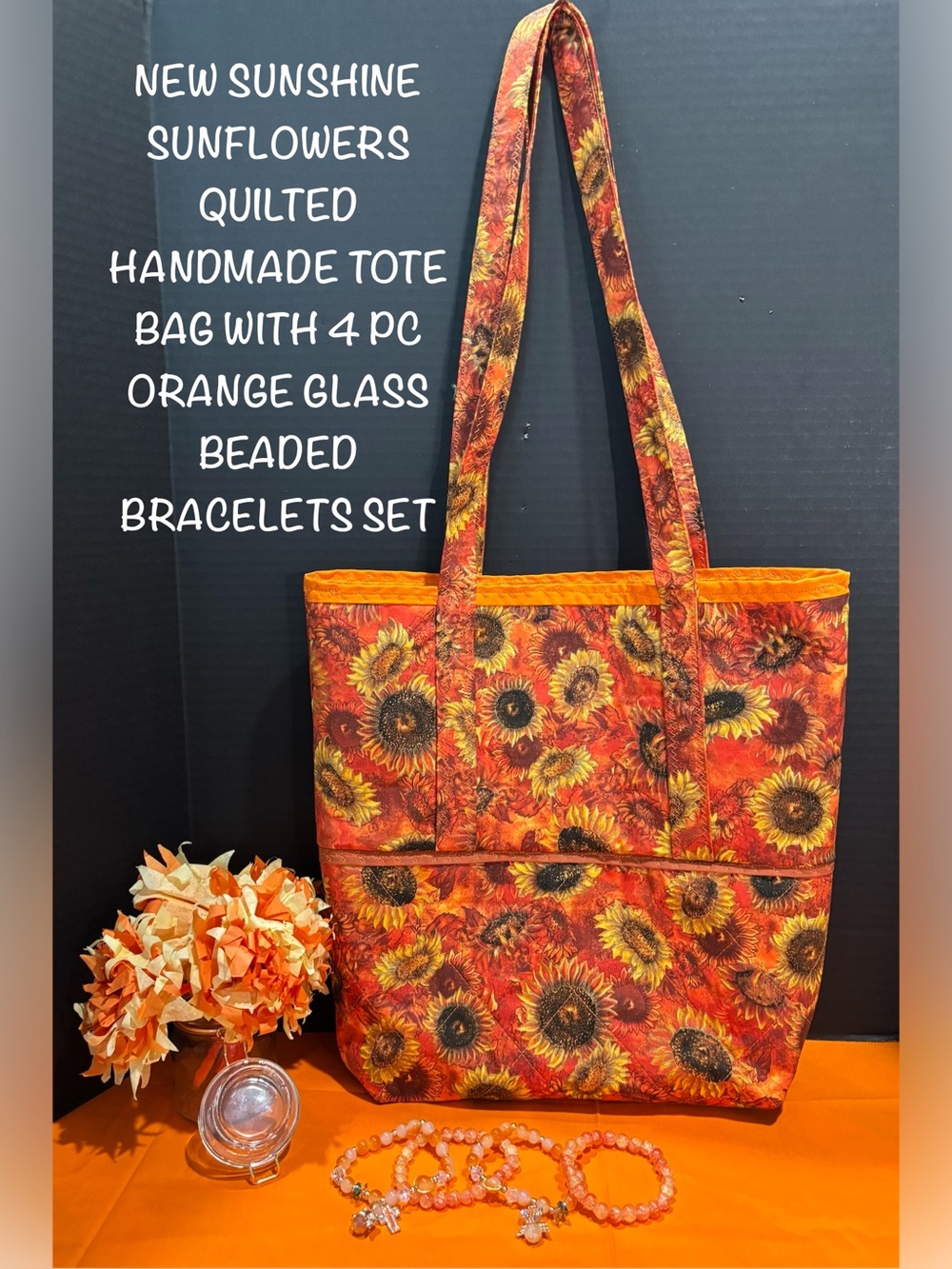 Sunshine Sunflower Quilted Handmade Tote Bag W/4pc Bracelet Set
